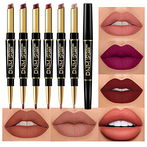 evpct 6Pcs Lip Liner & Lipstick Set A01 Matte – 2-in-1 Waterproof Lip Liner & 24H Lipstick, Antique Rose Chestnut Nude Dark Brown