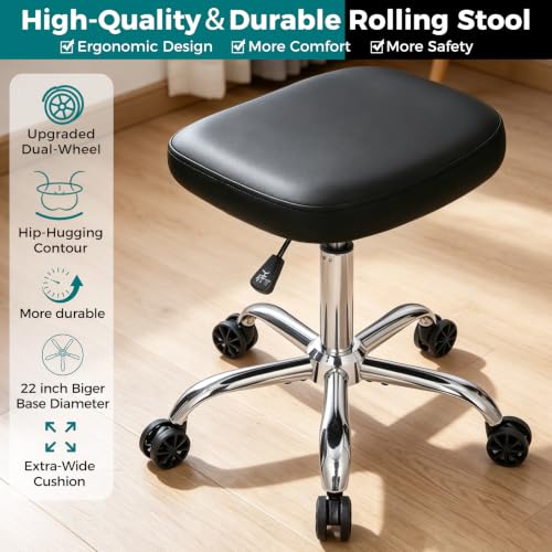 Heavy Duty Rolling Stool 450lb, 22" Metal Base with Wheels