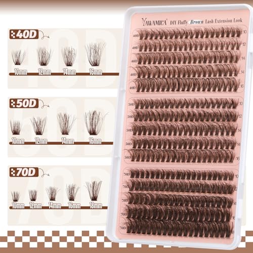 Yawamica Brown Lash Clusters Fluffier Eyelash Extension 10-16mm Individual Lashes D Curly Eyelash Clusters 40D+50D+70D Volume 300pcs Cluster Lashes Pesta?as Pelo a Pelo DIY Lash Extension at Home
