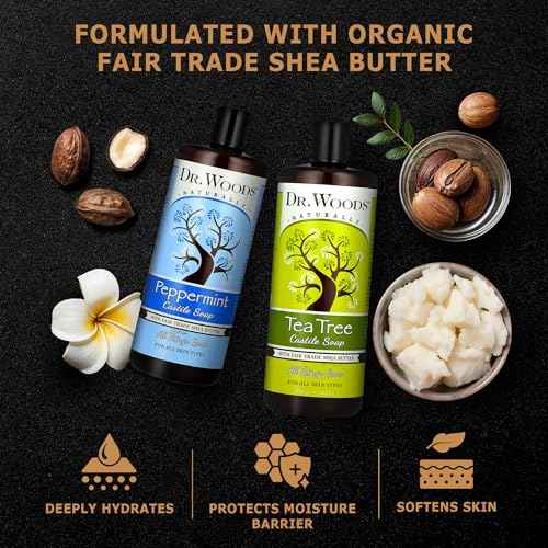 Dr. Woods Liquid Castile Soap - Pure Tea Tree Oil and Peppermint Soap, Body Wash for Men and Women, Contains Organic Shea Butter, Natural Cleaner for Face, Hands, and Body - 32 Fl Oz, Pack of 2