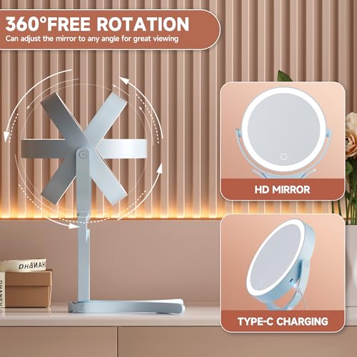 Hasipu Blue Travel Makeup Mirror with Lights, 3-Color Dimmable, 10X Magnification & Phone Stand