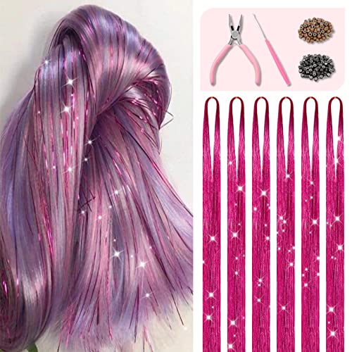 Rose Red Hair Tinsel Kit with Tools - 1200 Strands, 48 Inches