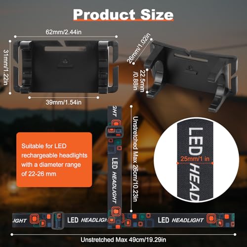 Lenporl Headlamp Strap with Bracket - 5 pcs Rechargeable LED Headlight Mount Clips for 22-26mm Flashlights