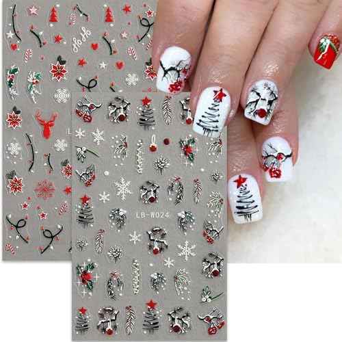 Christmas Nail Art Stickers, 5D Embossed Holly Leaf Nail Decals Green Red Winter Leaf Reindeer Snowflake Design Holiday Nail Art Supplies for Women Girls(4Sheets)