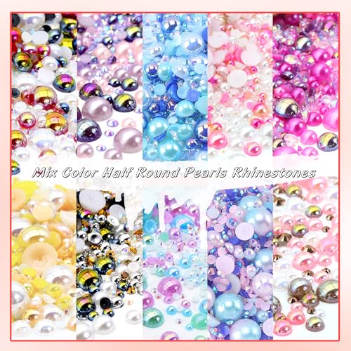 RODAKY 60g Mix Pearls and Rhinestone with B7000 Glue for Crafts,3MM-10MM Flatback Rhinestones Half Round Pearls for Nail,Jelly Rhinestones Nail Design Tumblers Face Art with Tweezers Wax Pen