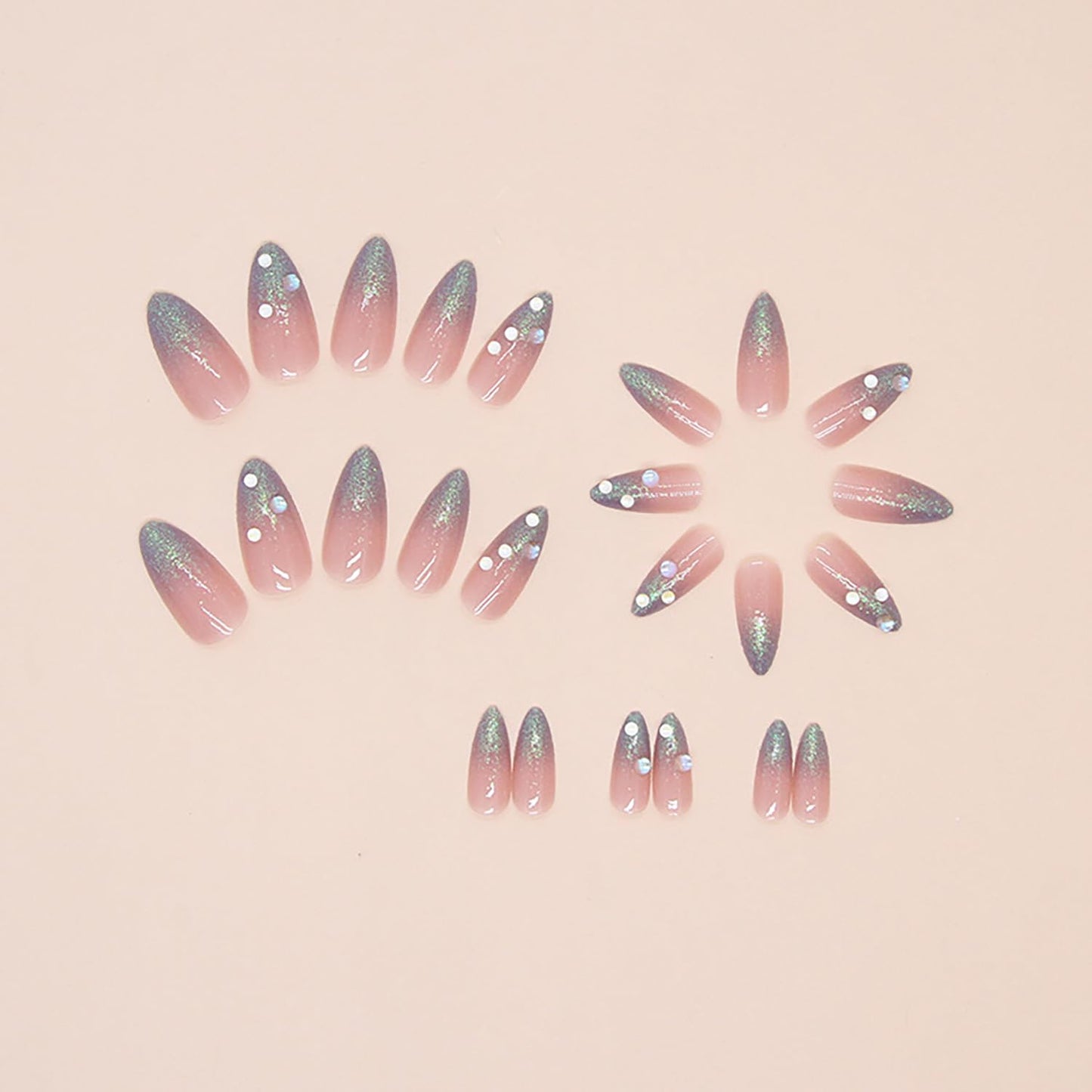 24Pcs Medium Press on Nails Silver Gradient Fake Nails Almond Shape Acrylic Nails Glitter French Tip Nails Full Cover Stick on Nails Cute False Nails with Designs Glue on Nails for Women Manicure