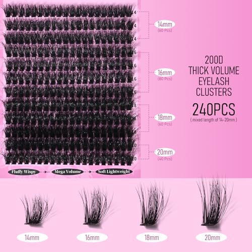 240Pcs D Curl Fluffy Lash Clusters 14-20mm DIY Extension Kit