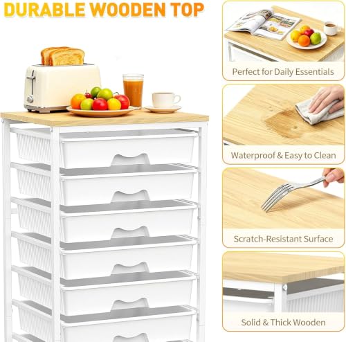 White SUNALLY 8-Drawer Rolling Cart for Craft Storage with Wooden Top