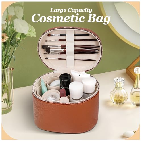 Cosmetic Case, Leather Makeup Bag, Portable Handheld Makeup Case, Detachable Compartments