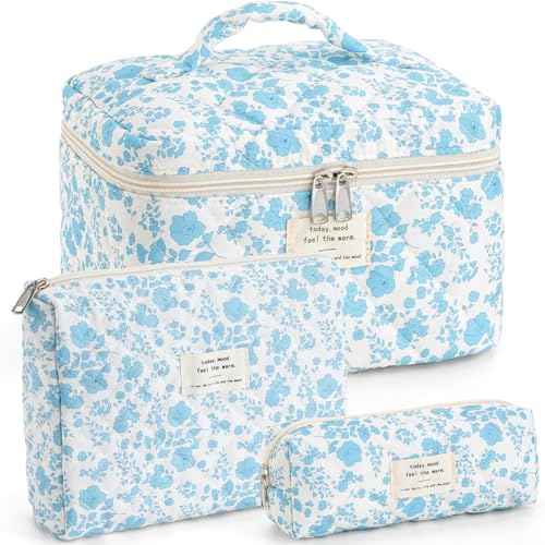 Makeup Bag for Women 3PCS Quilted Cotton Make Up Bag Travel Cosmetic Bag Large Makeup Bag Set Cute Bag Organizer Floral Toiletry Pouch for Purse, Azure Blue