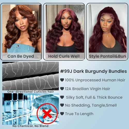 ALHER #99j Dark Burgundy Body Wave Bundles with 2x6 Kim K Lace Closure 18 20 22+18 Inch, Purplish Wine Red Color 3 Bundles with 2x6 Long Deep Part Closure With Baby Hair 100% Real Human Hair