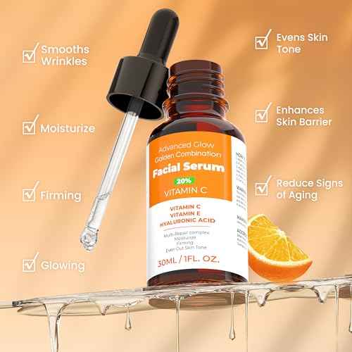 20% Vitamin C Face Serum with Golden Combination of Hyaluronic Acid and Vitamin E | Reduce Acne Spots | Even Skin Tone | Hydrating Face Serum Moisturising & Firming Skin Care | 1 Fl. Oz