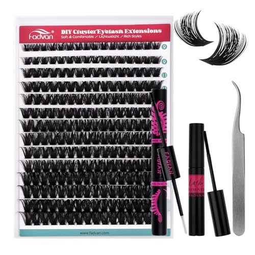 FADVAN Lash Extension Kit Thick Cluster Eyelash Extensions 9-16mm Volume Lash Clusters 100D Individual Eyelashes Kit with Lash Bond And Seal,Remover Tweezers For Beginner (100D, 0.07D, 9-16mm, Kit)