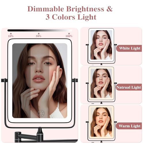 Wall Mounted Lighted Makeup Mirror, Rectangle Double Sided 1X/10X Magnifying Bathroom Height Adjustable Mirror, 6000mAh Rechargeable 3 Color and Dimmable Lights, 360 Rotation Shaving Vanity Mirror