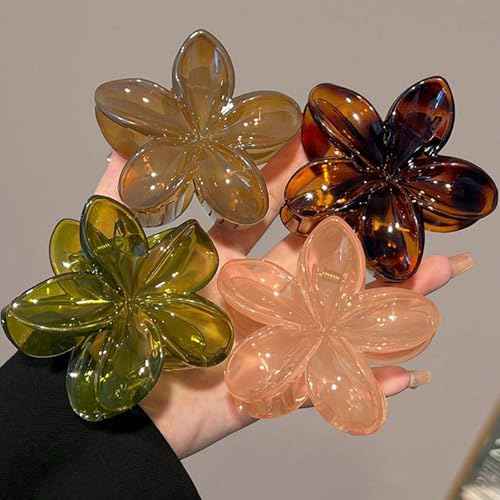 Flower Hair Clips for Women, 4 Pcs Neutral Color Hawaiian Flower Hair Claw Clips, Cute Large Hibiscus Hair Claw Decorative Accessories For Thick and Thin Hair