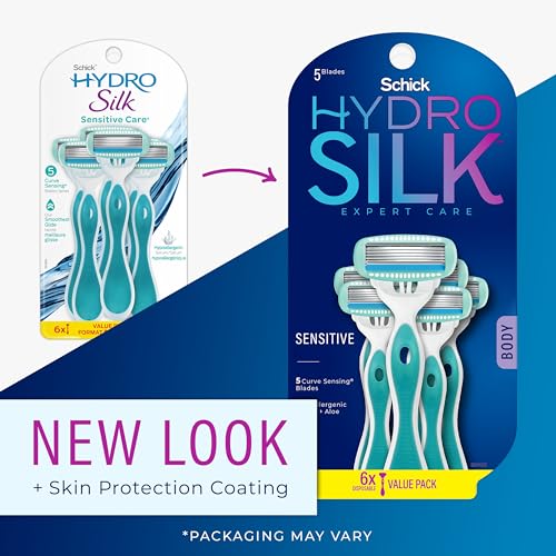 Schick Hydro Silk Sensitive Women's Disposable Razors, 6ct | 5-Blade Disposable Razors for Women Sensitive Skin | Travel Razor for Women