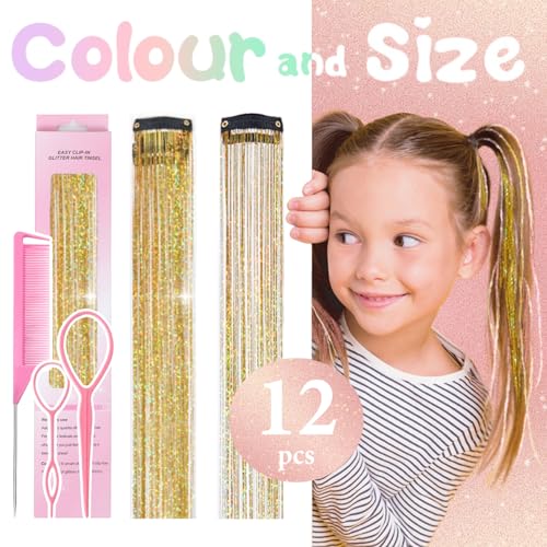 Gold Hair Tinsel Clip-In Extensions, 12 Pcs 24 Inch