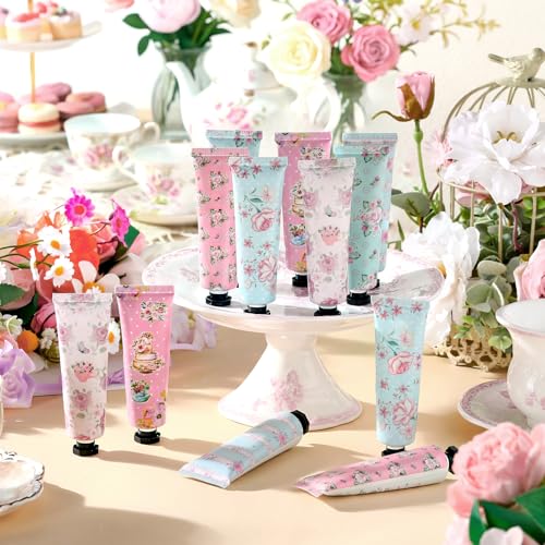 Tea Party Hand Cream Gift Set Wonderland Floral Tea Party Favor Flower Moisturizing Hand Lotion Bulk Dry Cracked Care Cream Teapot Favor Boxes Treat Gift Goodie for Baby Shower, 30 ml(48 Pcs)