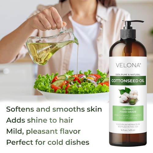 Cotton Seed Oil by Velona - 16 Fl Oz | 100% Pure and Natural Carrier Oil | Refined, Cold pressed | Cooking, Skin, Face, Body, Hair Care | Use Today - Enjoy Results
