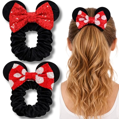 2-Pack Velvet Mouse Ear Scrunchies with Sequin Bow