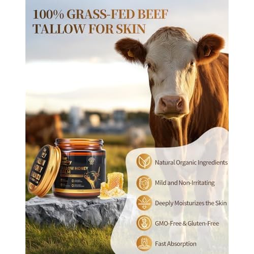 Upgraded Beef Tallow for Skin Handmade Whipped Organic Grass-Fed Tallow and Honey Balm for Eczema & Rosacea,Non-Comedogenic,Beef Tallow Face Moisturizer for Dry, Sensitive Skin(4oz Unscented)