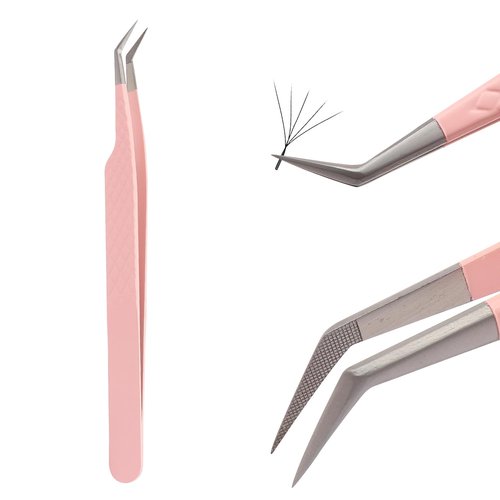 Lash Tweezers For Eyelash Extensions Fiber Tip Lash Tweezers Pink Straight/Curved Tweezer(Pink,X04)