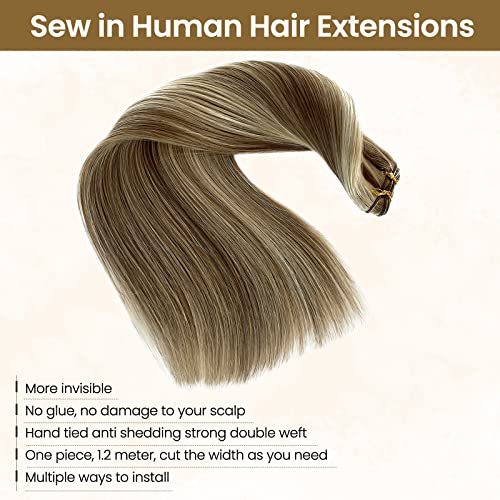 Benafee Sew in Weft Hair Extensions Human 16'' 100G Balayage Wefts Ash Brown to Beige Blonde Platinum Real Bundles