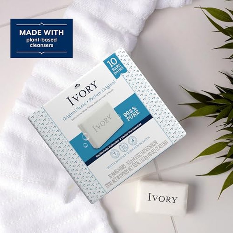 Ivory Gentle Bar Soap, Designed for Whole Family, 99.44% Pure Formula, Plant-Based Cleanser, Made Without Heavy Perfumes, Parabens & Phthalates, For All Skin Types, Original Scent, 4.0 oz (10 Count)