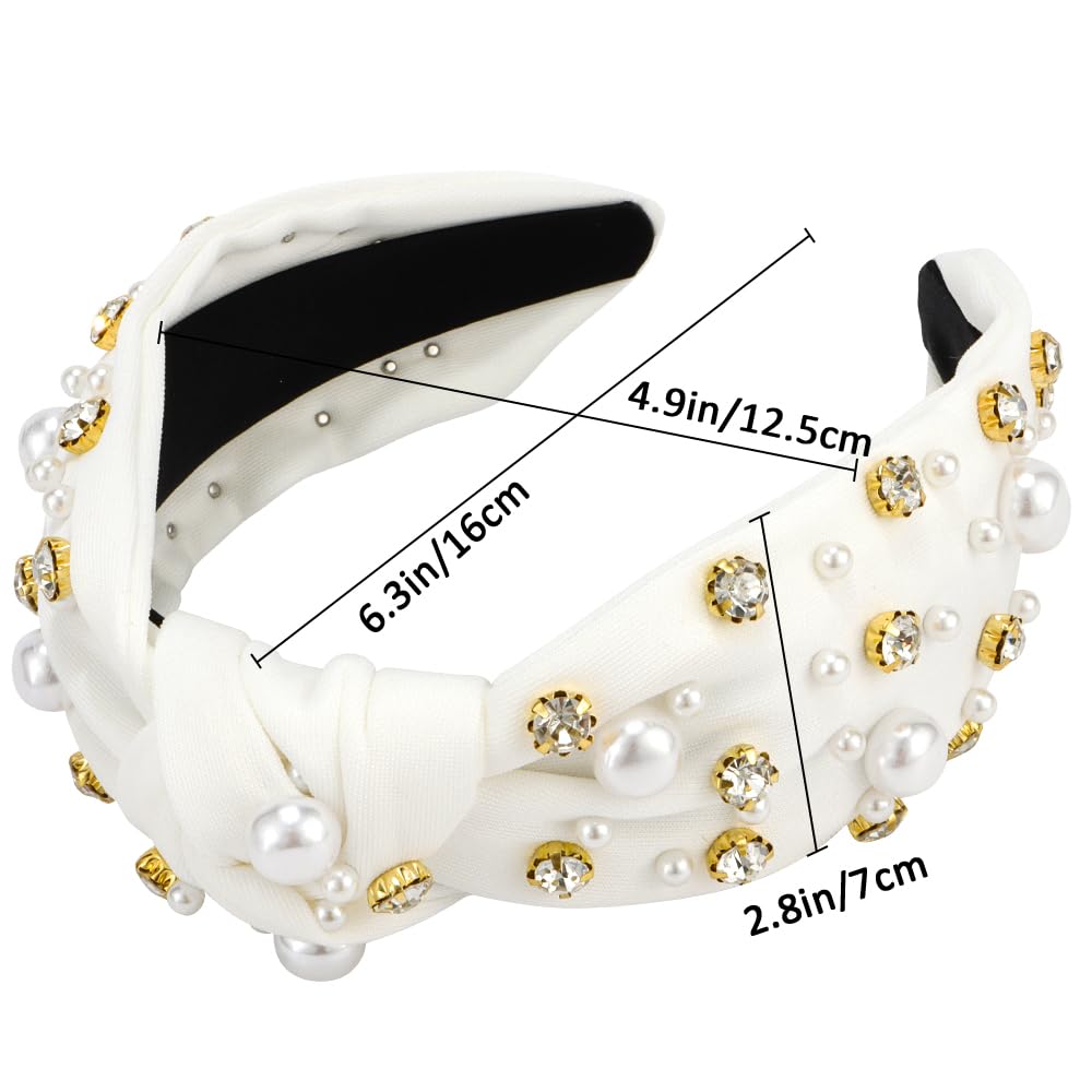 Atoden White Wide Top Knot Headband with Pearl Rhinestone for Women's Hair Embellished Headbands Sparkly Hair Bands