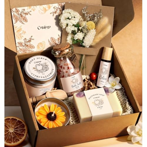 Coralogo Spa Gifts for Women - Natural Spa Gift Basket for Women Citrus Scented Bath and Body Works Selfcare Relaxation Thinking of You Gifts Set for Wife Mom Her on Mothers Day Birthday All Occasion