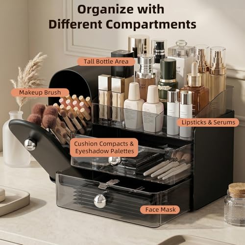 Makeup Organizer with Dustproof Brush Holder & Drawers