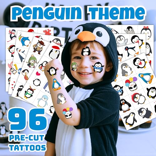 96 Penguin Temporary Tattoos for Kids - Pre-Cut No Scissors