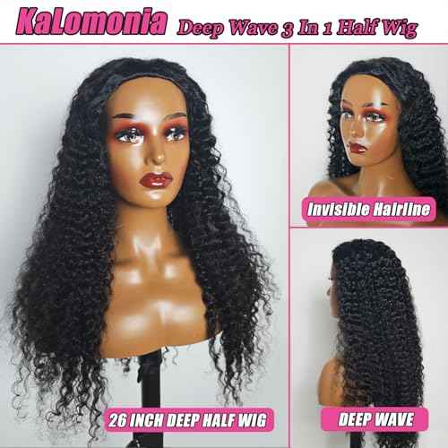 Half Wig Human Hair Curly 200% Density Upgrade Invisible Hairline Drawstring Seamless Flip Over 3 In 1 Half Wigs for Women Wear Go Glueless Deep Wave Wigs Beginner Friendly 26 Inch