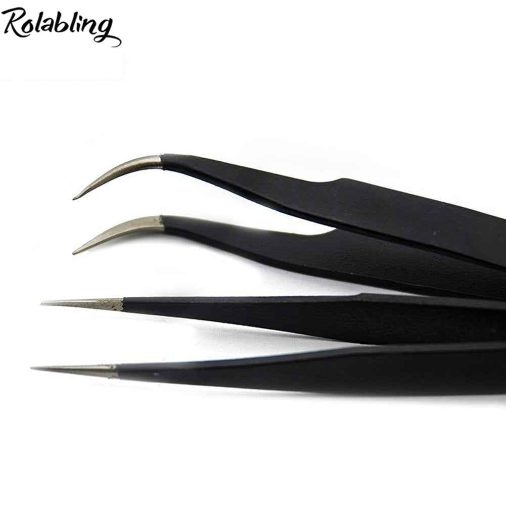 Rolabling 2pcs Elbow & Straight Black Nail Tweezers Rhinestone Picker Manicure Nail Art Tool (Set-1)