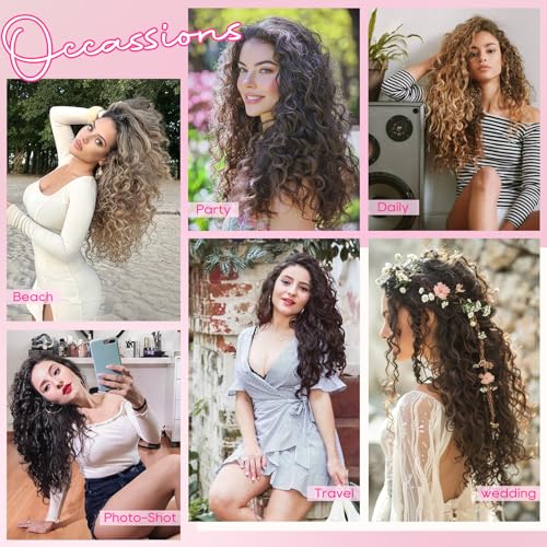 REECHO Clip-In Curly Hair Extensions 16 inch 4PCS Light Brown