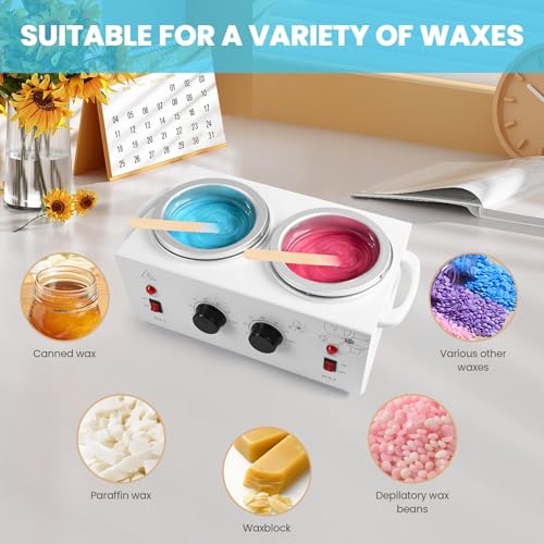 1.2L Double Pot Wax Warmer, Electric Depilatory Heater Machine with Adjustable Temperature for Hair Removal & Facial Spa, Includes 40 Wax Sticks & 20 Collars