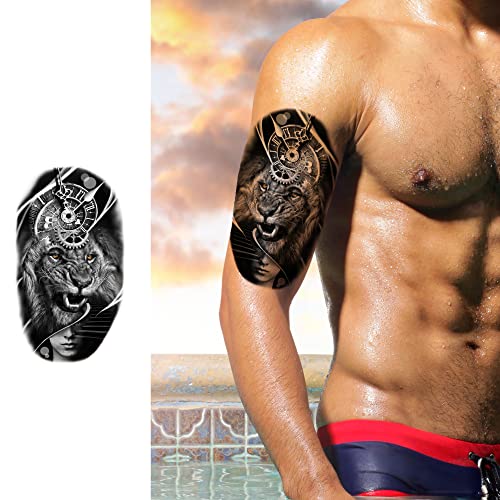 Temporary Tattoos Animal, 6-Sheet Wolf Lion Large Temporary Tattoo for Men, Waterproof Long Lasting Tattoos Realistic Fake Tattoos for Women Kids