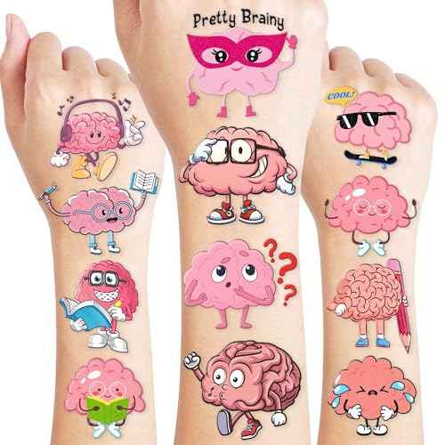 96PCS Cute Brain Temporary Tattoos Themed Birthday Party Favors Decorations Supplies Funny Human Anatomy Body Part Tattoo Stickers Gifts for Boys Girls Kids School Classroom Prizes Carnival Christmas