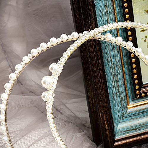 Dmaiy 2 Pieces Pearls Headbands White Pearl Hairband Fashion Head Band Bridal Hair Hoop Bridal Faux Pearl Beads Wedding Elegant Hair Accessories for Women and Girls (Elegant)