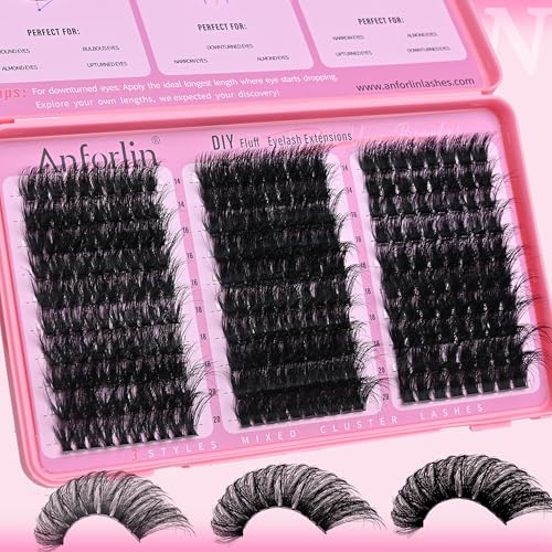 Thick Lash Clusters 14-20MM Volume Lash Extension 80D+180D+280D Eyelash Clusters 3 Styles Individual Lashes 280pcs Eyelash Extensions D Curly Lash Extension DIY at Home by Anforlin