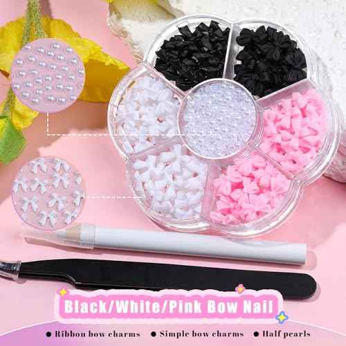 420PCS Bow Nail Charms Kit with Half Pearls, 3D Acrylic Nail Gems Rhinestones, Pickup Tools for Nail Art Design, DIY Crafts, Valentine Gifts