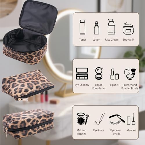 Kaxich 3PCS Leopard Print Makeup Bag Set, PU Leather Cosmetic Pouch Organizer Large Toiletry Bag with Zipper Closure for Women Girls (Dark Curry)