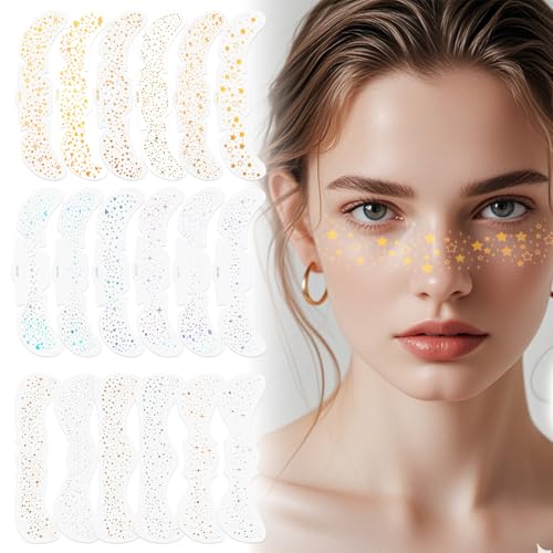 24pcs Glitter Freckle Tattoos Face Body Sparkle Patches for Festivals, Face Glitter Patches with Stars Gold Silver Holographic Faux Freckles