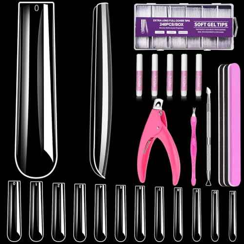 MORGLES Extra Long Tapered Square Nail Tips, 240 Pcs 3XL Full Cover Fake Tips Clear Nail Kit with Glue, Clipper, Files and Cuticle Fork for Acrylic Home DIY with Box