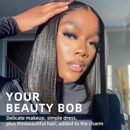 DYTJHMGL Short Bob Human Hair Wig - 250% Density Pre-Plucked Bone Straight HD Lace Front with Bleached Knots, 10 Inch