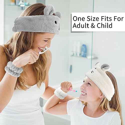 AHONEY Face Wash Headband and Wristband Set, Cute Makeup Spa Skincare Headbands Wrist Bands for Washing Face Headband for Women Girls Elastic Animal Hair Band (White&Grey)