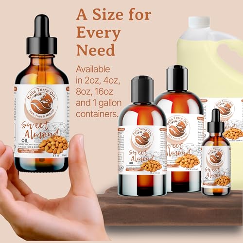 Bella Terra Oils - Organic Sweet Almond Oil 4oz - A Symphony of Vitamin E & Oleic Acid, Pure Cold-Pressed Essence, Luxe Touch for Skin