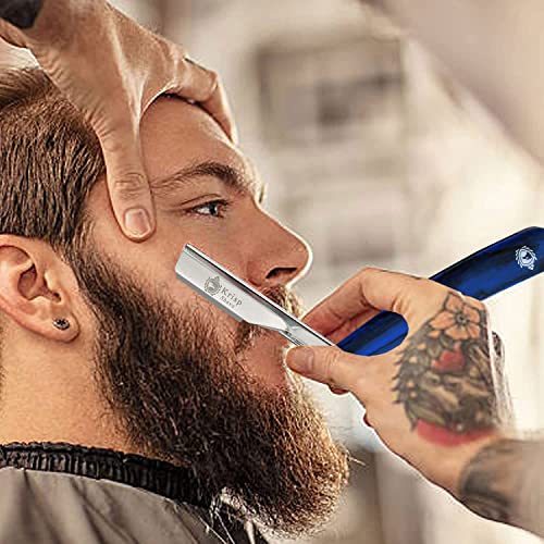 Professional Straight Razors For Men 2mm Exposed Blade Straight Edge Barber Razor Kit For Close Shaving - Beard Navajas Para Barbero Shavette 10 Shaving Blades By Krisp Beauty (Blue Marble Design)