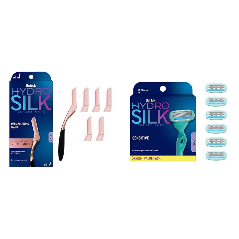 Schick Hydro Silk Dermaplaning Wand with 6 Blades and Hydro Silk Moisturizing Razor Blade Refills for Women with Shower Hanger, 6 Count