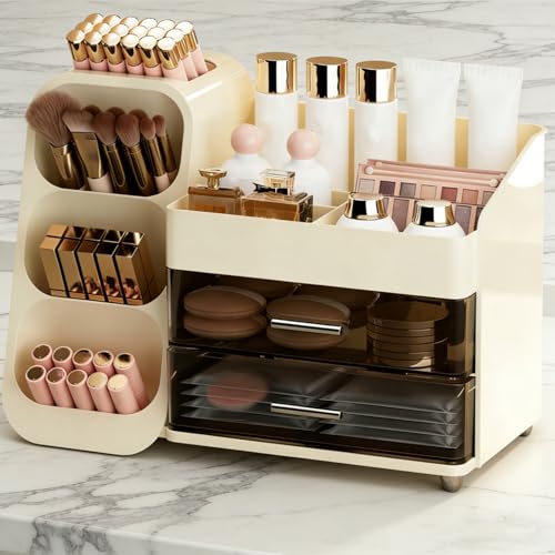Large Makeup Organizer with Drawers, Spacious Cosmetics Display Case with Brush Holder for Vanity, Skin Care Storage Solution for Lipstick Eyeshadow Palettes Beauty Essential Bathroom
